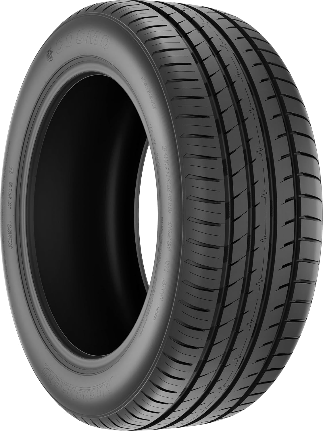 Cosmo MuchoMacho performance tire on a dark split-spoke wheel, dense siping across the shoulder blocks