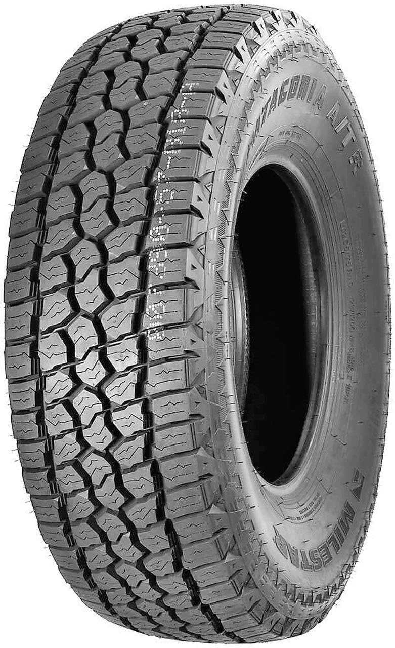 Milestar Patagonia all-terrain tire, chunky tread blocks and a reinforced shoulder, photographed against white